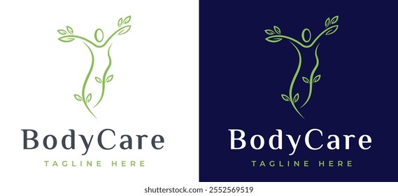 Weibliche Körper Schönheit Hautpflege Logo Inspiration. Logo-Design für Frauengesundheit und Wellness. Frau mit Blatt Symbol für Label für Spa, Yoga, Kosmetik, gesunde und natürliche Körperpflege Produkte. Frauenlogo