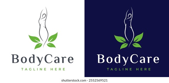 Weibliche Körper Schönheit Hautpflege Logo Inspiration. Logo-Design für Frauengesundheit und Wellness. Frau mit Blatt Symbol für Label für Spa, Yoga, Kosmetik, gesunde und natürliche Körperpflege Produkte. Frauenlogo