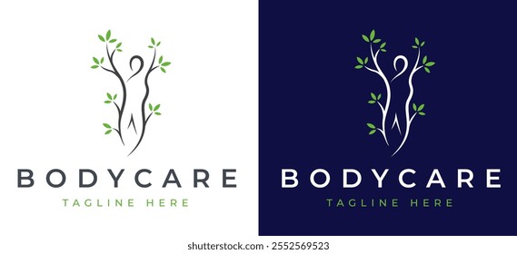 Weibliche Körper Schönheit Hautpflege Logo Inspiration. Logo-Design für Frauengesundheit und Wellness. Frau mit Blatt Symbol für Label für Spa, Yoga, Kosmetik, gesunde und natürliche Körperpflege Produkte. Frauenlogo