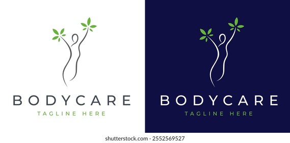 Weibliche Körper Schönheit Hautpflege Logo Inspiration. Logo-Design für Frauengesundheit und Wellness. Frau mit Blatt Symbol für Label für Spa, Yoga, Kosmetik, gesunde und natürliche Körperpflege Produkte. Frauenlogo