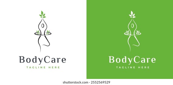 Weibliche Körper Schönheit Hautpflege Logo Inspiration. Logo-Design für Frauengesundheit und Wellness. Frau mit Blatt Symbol für Label für Spa, Yoga, Kosmetik, gesunde und natürliche Körperpflege Produkte. Frauenlogo