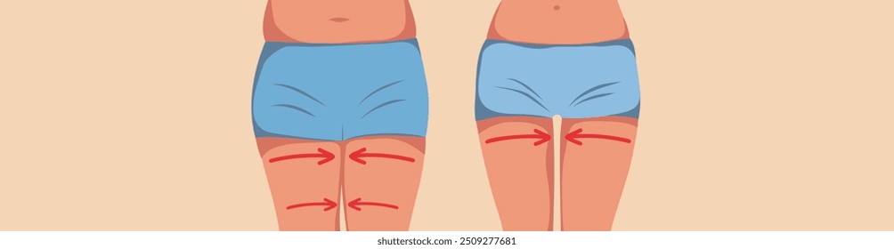 Female body before and after. Massage and taping for weight loss in the hips. Vector template with space for text for advertising, website, banner, posters, cover