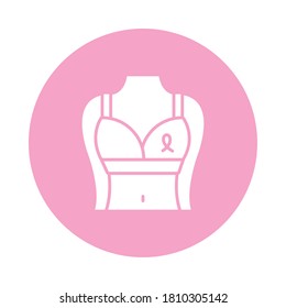 female body with brassiere with breast cancer ribbon icon over white background, block style, vector illustration