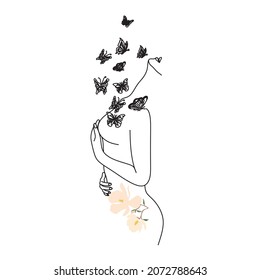 Cuerpo femenino con mariposa y flores. Linea de manos femeninas con mariposas. Dibujo vectorial de una línea. Retrato de estilo minimalista. Huella botánica. Símbolo natural de los cosméticos.