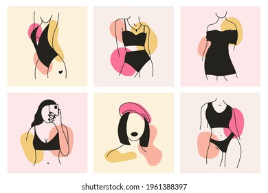 Female body elements cards. Minimalist hand drawn woman bodies design template vector illustration set. Outline woman body parts posters. Lady and woman model, body beauty pose trendy