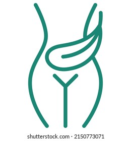 Female body with a feather. The concept of relieving the symptoms of menstruation. Turquoise vector linear icon, isolated on transparent background