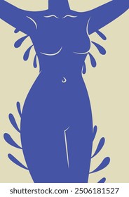 Female body with floral elements blue poster. Abstract woman silhouette in Matisse style. Wallpaper design