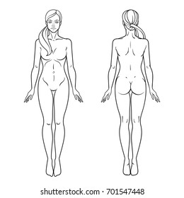 Female body front and back view template. Isolated vector image.