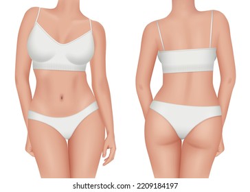 Female Body. Front And Back Views Of Female Nude Body Decent Vector Realistic Templates