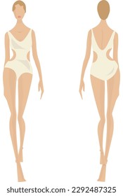 Female body, front and back views. Female fashion figure template. Beautiful, slim woman wearing lingerie, isolated on white background. Fashion model in a bikini, vector illustration. Walking pose.