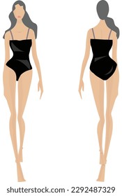 El cuerpo femenino, las vistas frontal y posterior. Plantilla de figuras de moda femenina. Mujer hermosa y delgada con lencería, aislada de fondo blanco. Modelo de moda en bikini, ilustración vectorial. pose para caminar.