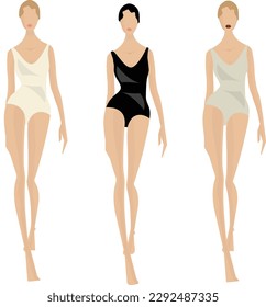 Female body, front and back views. Female fashion figure template. Beautiful, slim woman wearing lingerie, isolated on white background. Fashion model in a bikini, vector illustration. Walking pose.