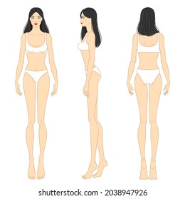 Vistas del cuerpo, frente, costado y espalda de las mujeres. Plantilla de figuras de moda femenina. Hermosa mujer asiática con lencería, aislada de fondo blanco. Modelo de moda en bikini, ilustración vectorial. 