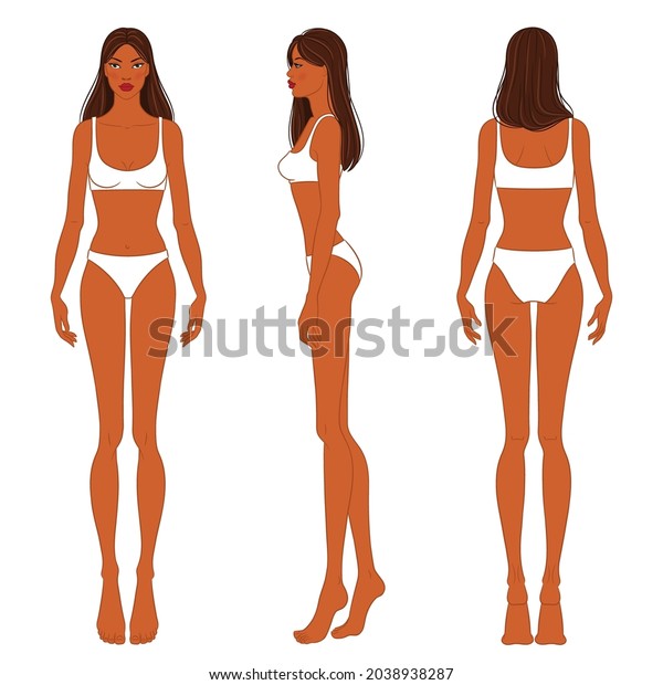 Vektor Stok Female Body Front Side Back Views Tanpa Royalti Shutterstock