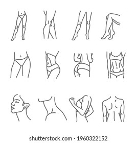 Female body icon set - thin line style, vector collection