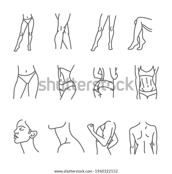 Female\
body icon set - thin line style, vector\
collection