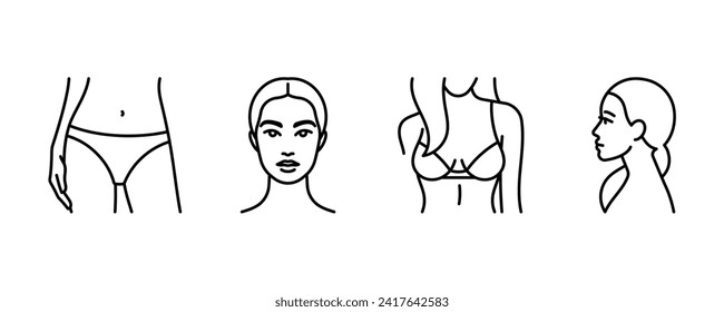 Iconos lineales del cuerpo femenino: cadera, cara, pecho, vista del perfil de la cabeza. Joven mujer delgada, hermosa chica. Conjunto de ilustraciones lineales, trazo editable. 