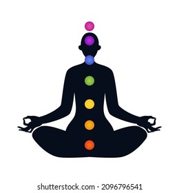 Female body in lotus position isolated. Seven chakras inside the silhouette of a person. Colored vector illustration of a female silhouette on a white background.