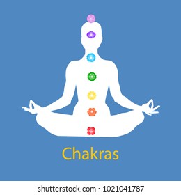 Female body in lotus yoga asana with seven chakras on blue background. Root, Sacral, Solar, Heart, Throat, 3rd Eye, Crown chakras. Drawing Vector illustration eps 10. International Yoga Day