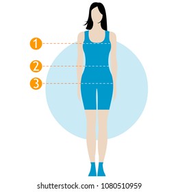 Female body measurement chart. Figure of the girl, model in underwear, swimwear. 
Template for sewing, fitness, work out, healthy lifestyle or shop.
Scheme for measurement human body for sewing clothe