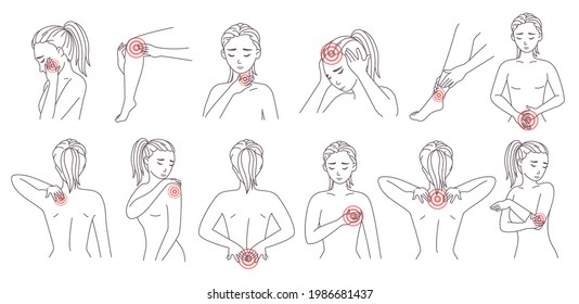 Female body painful zone set, vector illustration. Sick patient body parts head neck foot shoulder elbow knee breast with red pain dots. Migraine, headache, backache, stomach ache, physical injury.