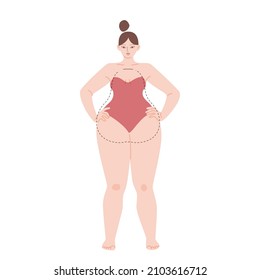 The female body is a pear type. Cartoon light skinned chubby girl in a strapless swimsuit. Vector stock illustration of a woman with broad shoulders isolated on white background.