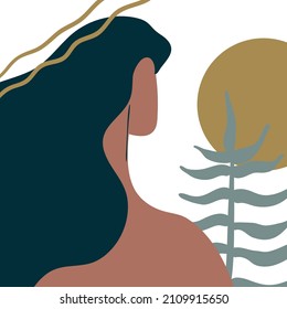 Female body prositive goddess in boho style with plants