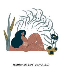 Female body prositive goddess in boho style with plants