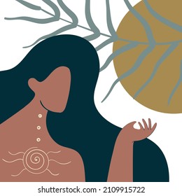 Female body prositive goddess in boho style with plants