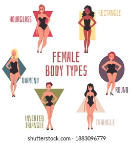 Female body shape types - cartoon poster with women in swimsuits shaped as different geometric shapes. Isolated vector illustration of hourglass, triangle silhouettes