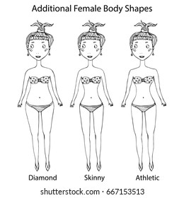 Female Body Shape Types. Diamond, Skinny, Athletic Girl. Realistic Hand Drawn Doodle Style Sketch. Vector Illustration Isolated On a White Background.