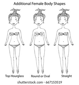 Female Body Shape Types. Top Hourglass, Round or Oval and Straight . Realistic Hand Drawn Doodle Style Sketch. Vector Illustration Isolated On a White Background.