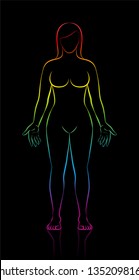 Female body shape of young woman with long hair. Rainbow gradient colored silhouette. Outline vector illustration on black background.
