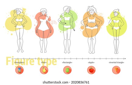 Female body shapes are five types. Apple, pear, triangle, rectangle and hourglass. Full color icons. Linear drawing.