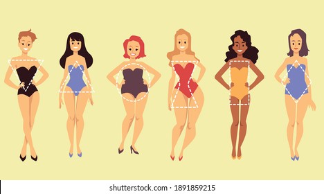 Female body shapes poster with cartoon women with different geometric proportions types posing in swimsuit. Vector illustration of people standing in line.