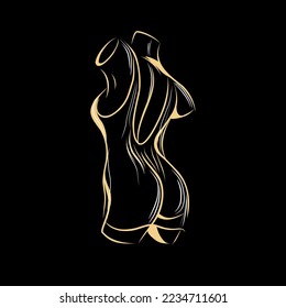 female body silhouette on black background. linear sketch for a tattoo.