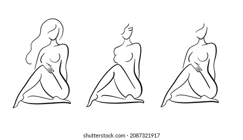 Female body sketch, line drawing of a beautiful figure. Sitting elegant woman 