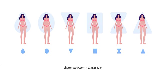 Female Body Type Shape Concept. Vector Flat People Illustration Set. Collection Of Woman Character In Bikini Underwear Isolated On White. Design Element For Banner, Inforgraphic, Web.