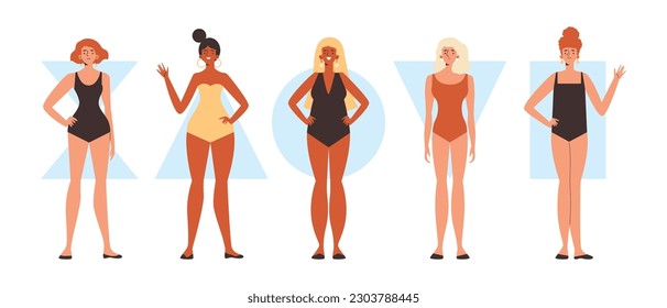 Tipos de cuerpo femenino y clasificación de tipos de cuerpo de imagen visual para elegir el armario y plan de entrenamiento adecuado, ilustración vectorial plana aislada en fondo blanco.