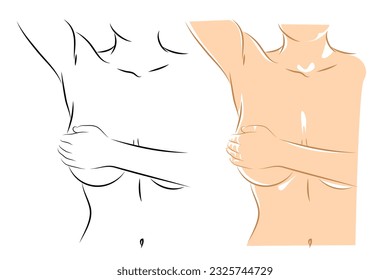 Female body, vector illustration. Young woman touching her breast with hand