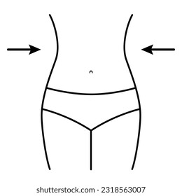 Reducción de la cintura corporal femenina e icono de pérdida de peso. Símbolo vector de reducción de grasa para el vientre.
Ilustración lineal de la silueta femenina para fitness, deporte, cirugía, estética, criolipolisis, diseños de liposucción