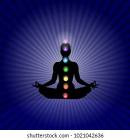 Female body in yoga asana with seven chakras in shining neon colors in rays dark blue stars space background. Vector illustration eps 10. International Yoga Day