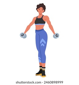 Mujer Culturista En Ropa Atlética Sostiene Con Confianza Mancuernas. Su Fuerte Físico Y Su Expresión De Confianza Destacan Temas De Salud, Estado Físico Y Empoderamiento En El Deporte. Ilustración vectorial