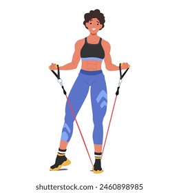 Female Bodybuilder Character Using Resistance Band, Showcasing Strength And Vitality. Woman In Athletic Gear, Exudes A Sense Of Confidence And Determination While Engaging In Her Fitness Routine