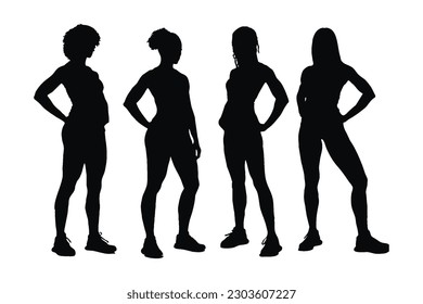 Female bodybuilder full body silhouette set vector on a white background. Girl gymnasts and weightlifters with anonymous faces standing in different positions. Bodybuilder silhouette design collection