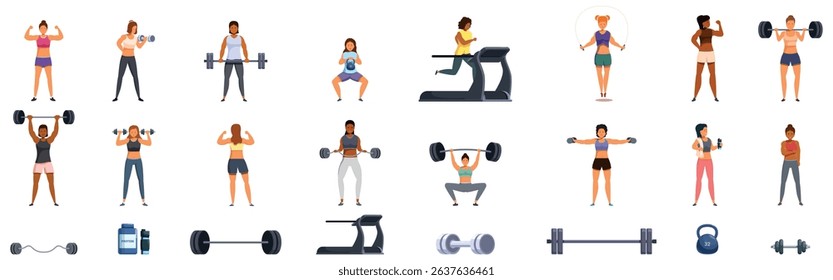 Female bodybuilder icons set. Illustrations of individuals exercising with gym equipment