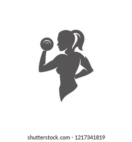 Female bodybuilder lifting dumbbells silhouette isolated on white background vector illustration. Vector fitness gym graphics illustration.