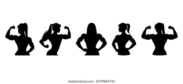 Female bodybuilder silhouette black filled vector Illustration icon. Strong woman with dumbbell.