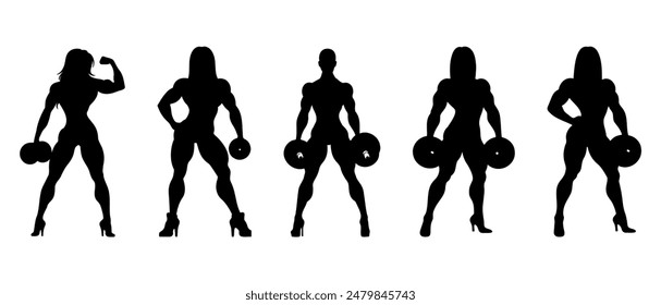 Female Bodybuilder Silhouette schwarz gefüllt Vektorillustration Ikone. Starke Frau mit Hantel.