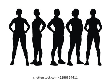 Female bodybuilder silhouette standing in different positions. Gym girl silhouette with different poses. Woman weightlifter and bodybuilder silhouette with muscular bodies. Female gymnast silhouette.